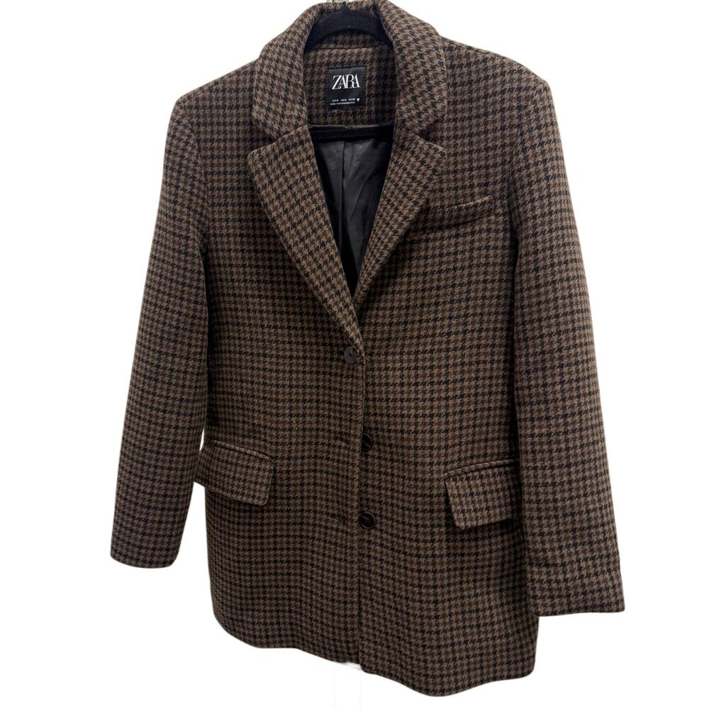 Zara Brown Black Houndstooth Tailored Blazer Jacket Size S Career Casual